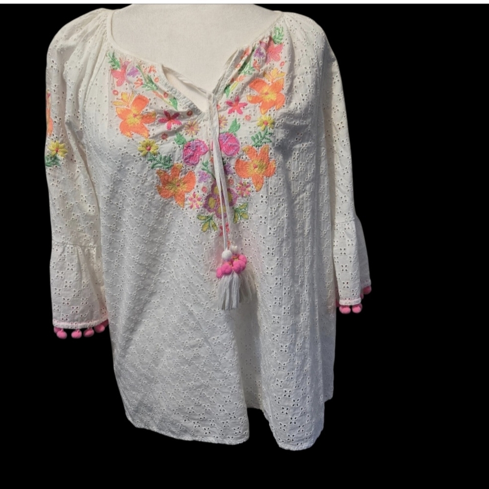 Lilly Pulitzer White Eyelet Blouse with Pink and Orange Floral Embroidery